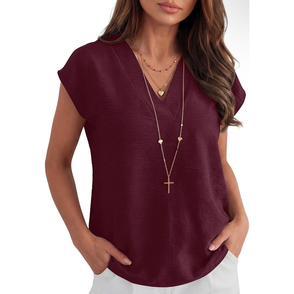 ANRABESS Women Top Cap Sleeve Dressy Casual V Neck Shirt Burgundy Size L